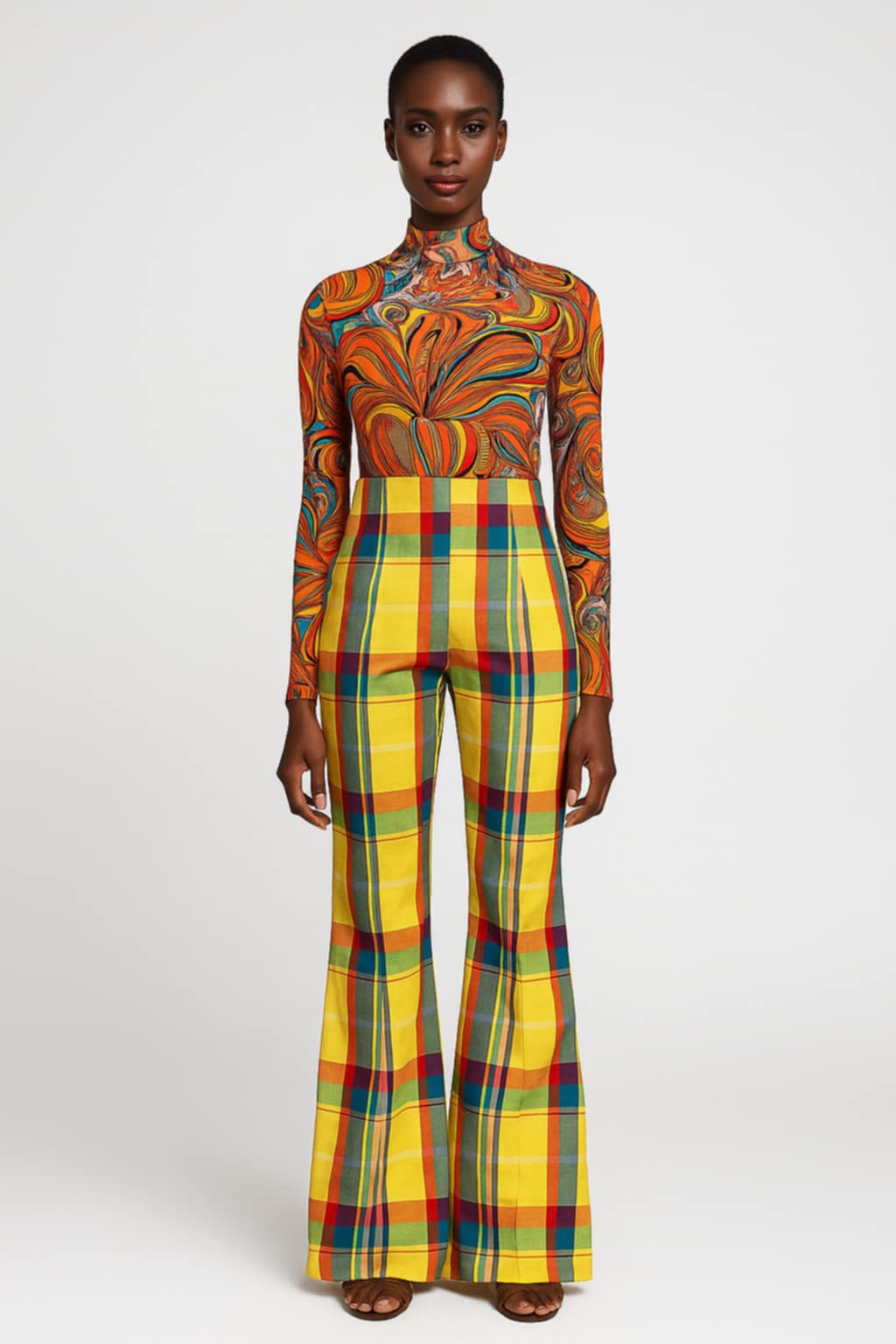 Golden Hour Plaid High-Waist Flare Pants