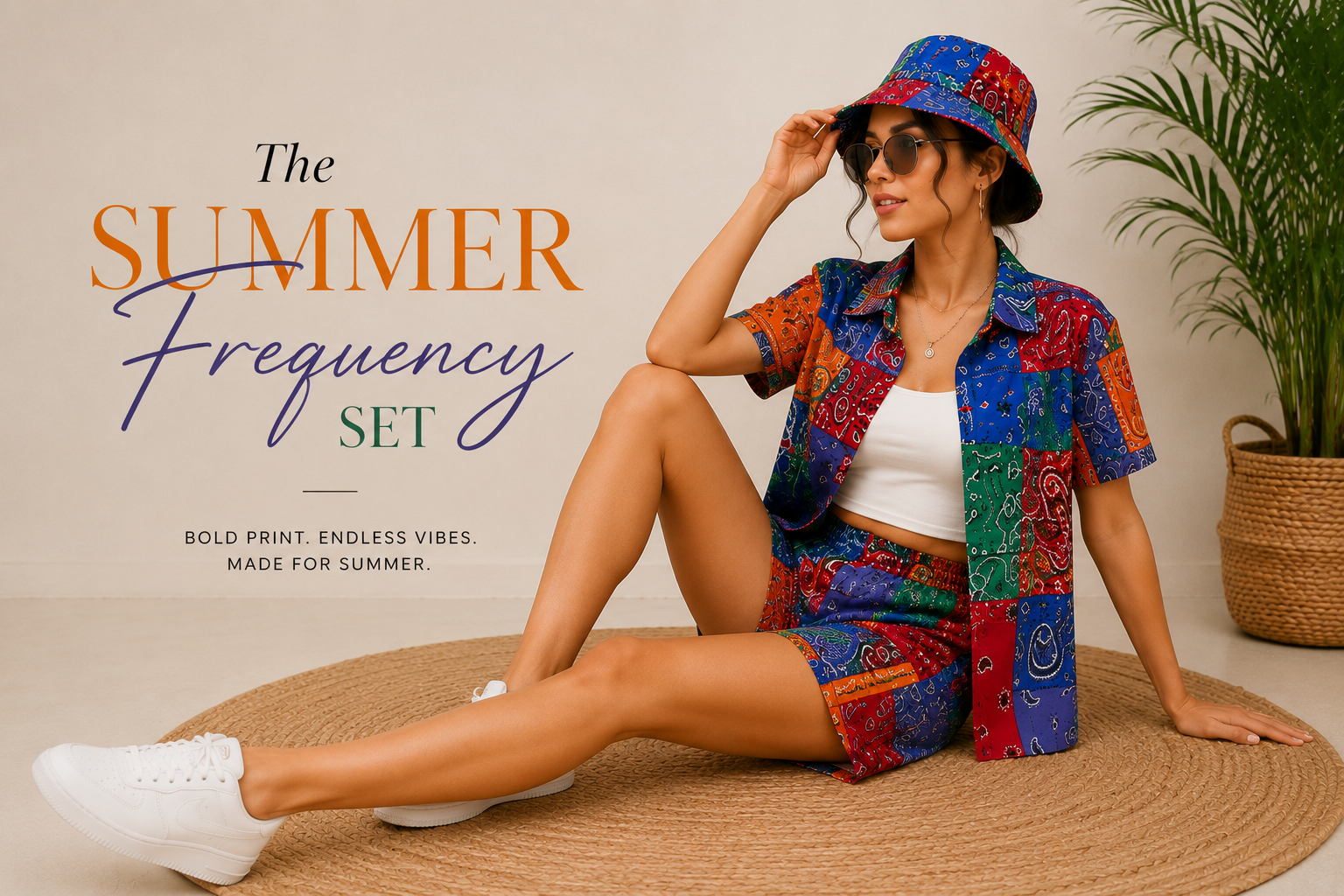 Woman in colorful summer outfit with text 'The Summer Frequency Set' on a beige background